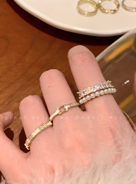 金色开口戒指合集女蝴蝶结珍珠锆石叠戴食指戒小众高级感精致指环