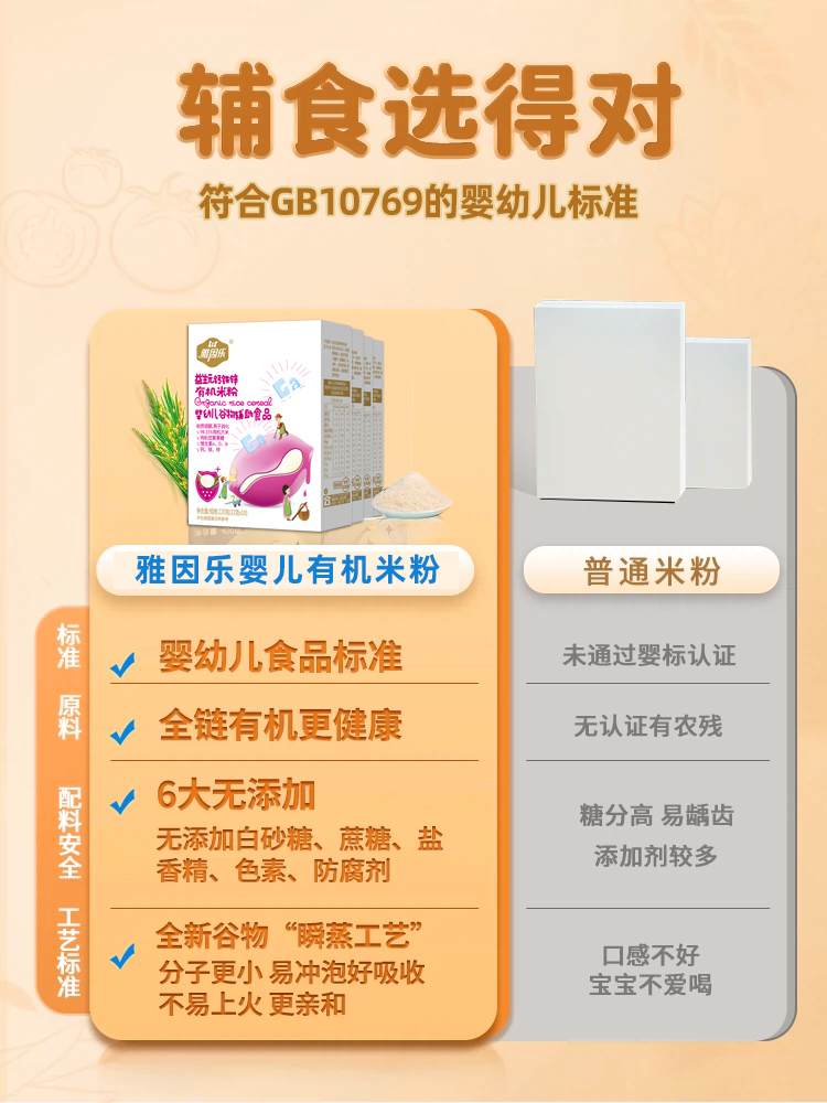 雅因乐有机高铁米粉米糊婴儿营养辅食宝宝辅食6月+强化钙铁锌盒装