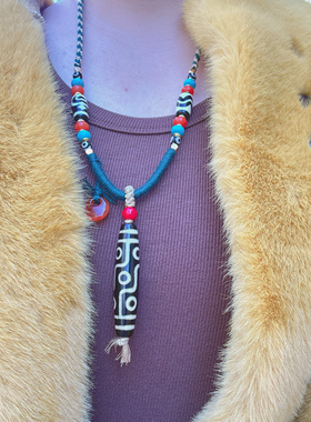 天然玛瑙九眼天珠项链男女款民族风复古做旧毛衣链锁骨链