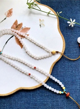 清新百搭天然白玛瑙吊坠绳蜜蜡水晶翡翠和田玉毛衣链珠链挂绳