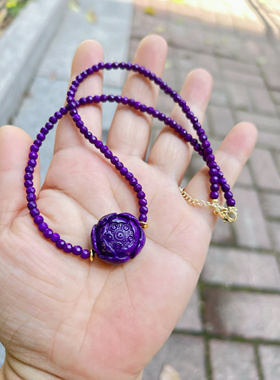 天然原创南非紫舒刻面珠雕刻清莲花开富贵锁骨链项链气质时尚爆款