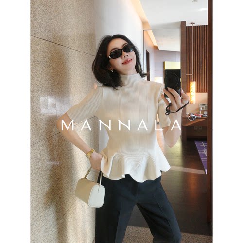 MANNALA丨“小荷摆”智性美美丽诺羊毛中袖荷叶边花瓣针织衫Q5102 - 图2