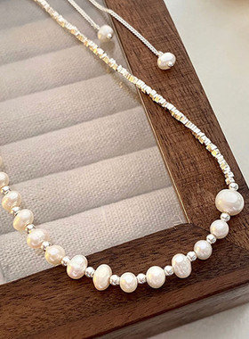 纯银碎银子天然珍珠项链法式