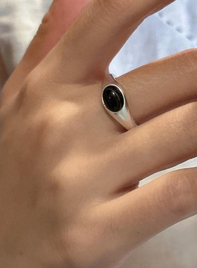 黑玛瑙小众戒指女纯银开口指环