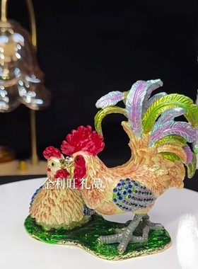 珐琅首饰盒合金手工艺品国风装饰中式凤尾公鸡母鸡一对家居摆件