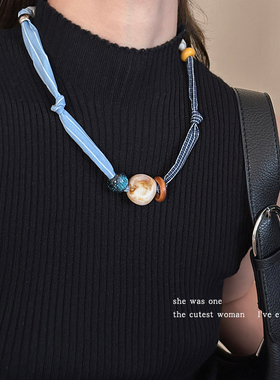 趣味布艺拼接项链轻奢小众毛衣链