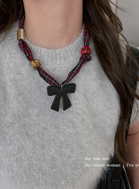 美拉德格纹蝴蝶结项链吊坠毛衣链
