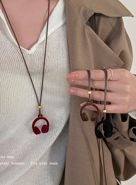 复古植绒耳机吊坠项链毛衣链配饰