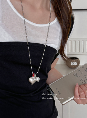 银色波点爱心长款吊坠项链女小众