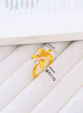 金店同款沙金饰品点钻百合花开口戒指女轻奢仿真金饰品小众设计感