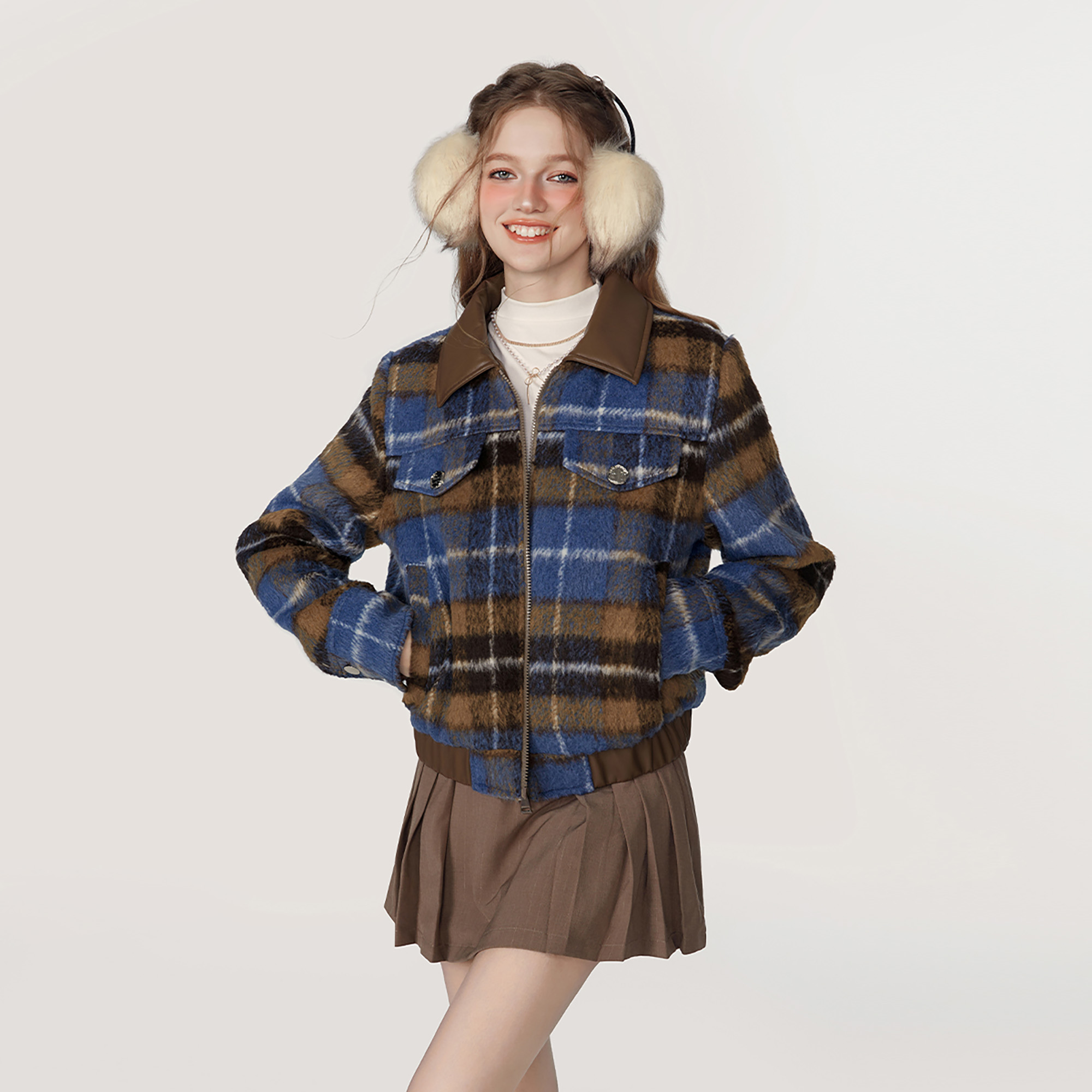 MEETLADY法式复古条纹短款毛呢大衣女秋冬季新款小个子高级感外套