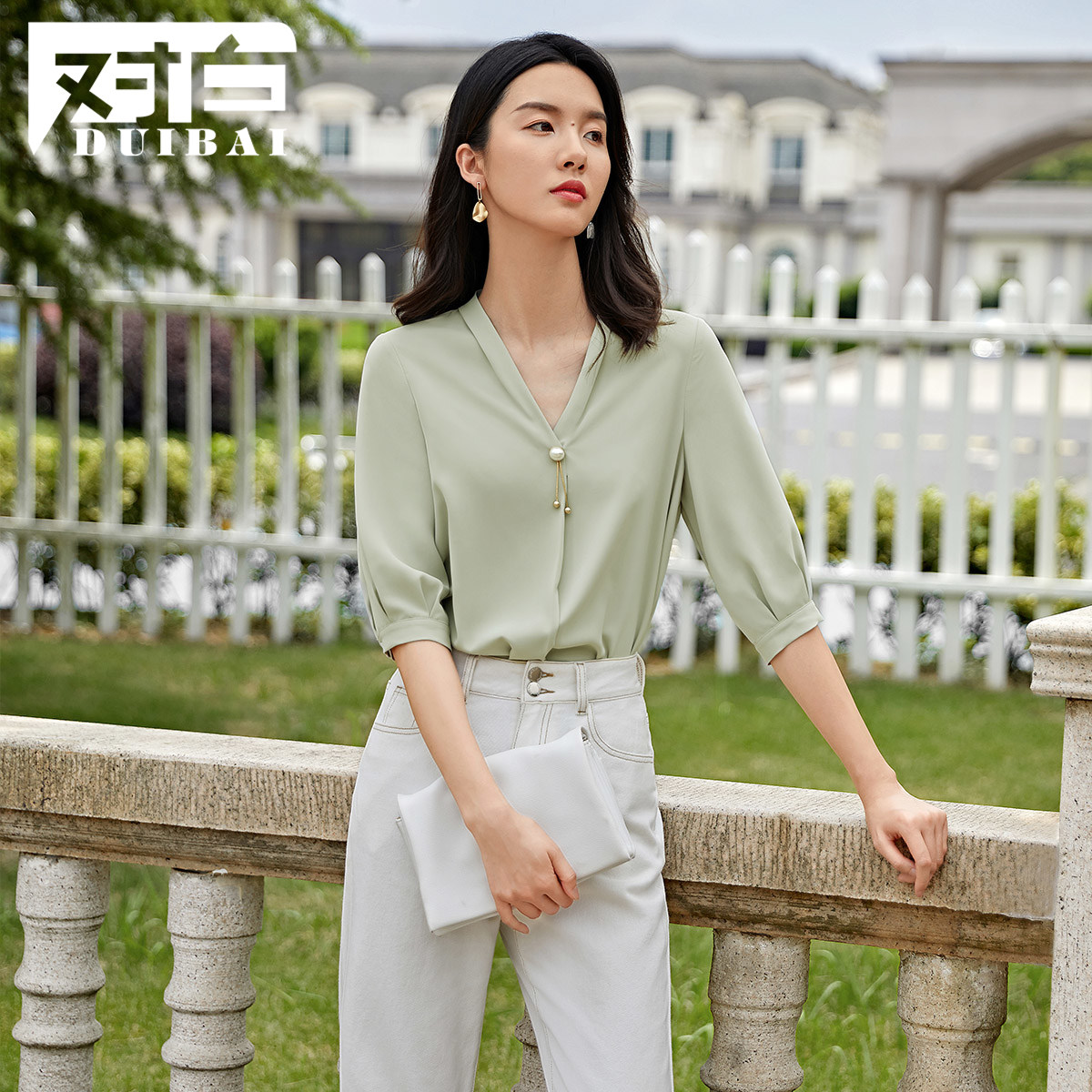 对白职业v领泡泡袖简约小衫衬衫 对白蕾丝衫/雪纺衫