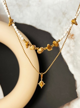 潘神斯欧秋冬新品美拉得系列项链双层天然石珍珠十字吊坠松石虎眼