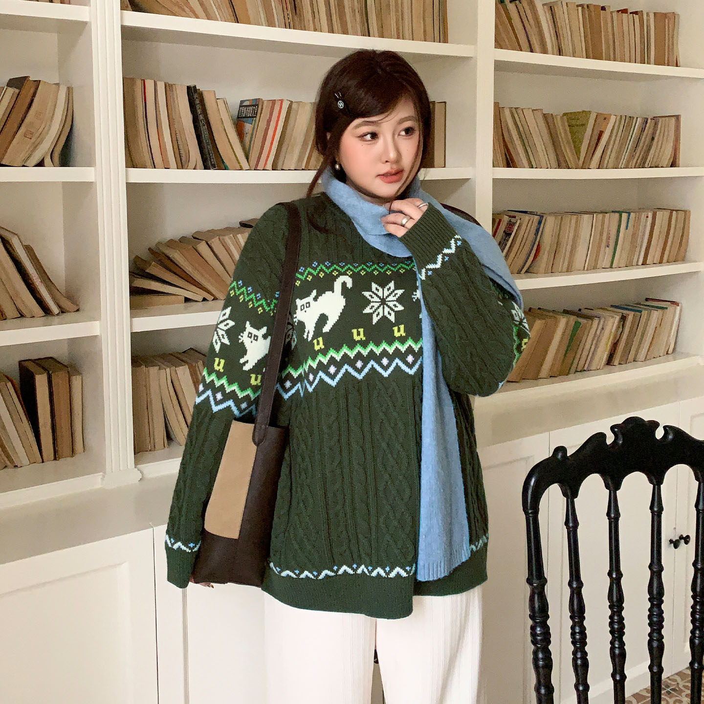 YUZI鱼子复古橄榄绿费尔岛针织毛衣慵懒氛围感宽松针织衫大码女装,淘宝优惠券,粉丝福利购,淘宝优惠卷