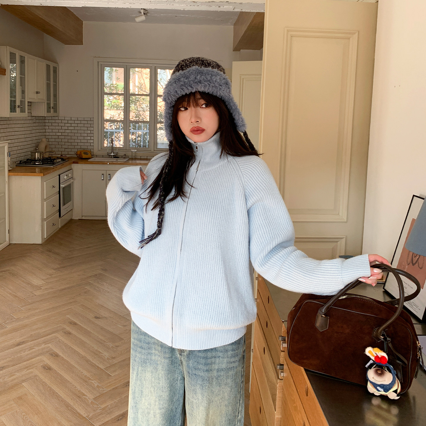 YUZI鱼子韩系高领拉链针织开衫慵懒风衫减龄软糯毛衣上衣大码女装,淘宝优惠券,粉丝福利购,淘宝优惠卷