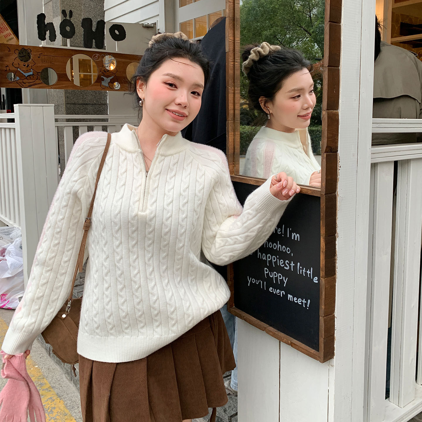 YUZI鱼子少女半拉链绞花毛衣女针织衫秋冬时尚潮流高级感大码女装,淘宝优惠券,粉丝福利购,淘宝优惠卷