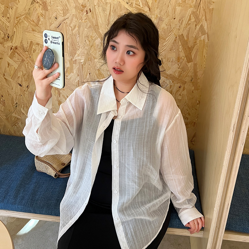 YUZI鱼子天丝薄款防晒衬衫大码女装甜美微胖mm显瘦慵懒感开衫外套