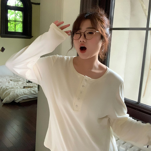YUZI鱼子露思内搭大码女装U领长袖T恤微胖mm高弹力正肩显瘦百搭 - 图0