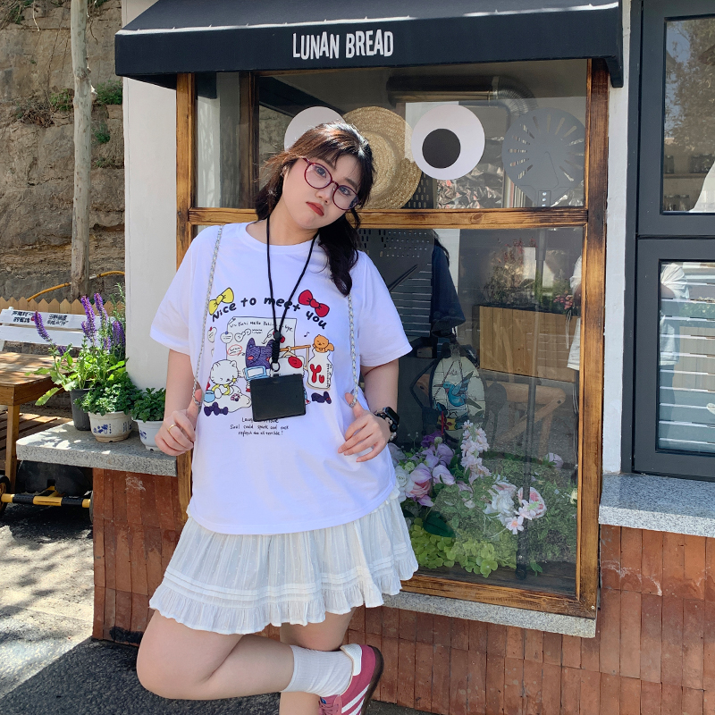 YUZI鱼子重磅纯棉印花T恤大码女装夏微胖mm显瘦遮肉200斤软糯亲肤