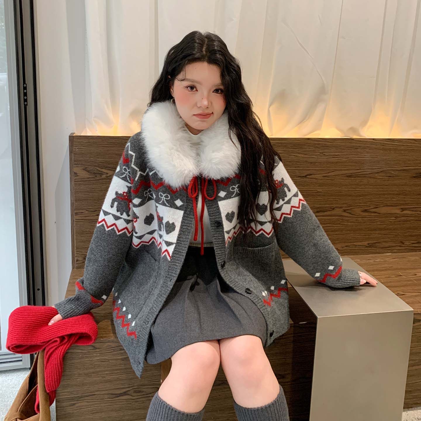 YUZI鱼子费尔岛针织开衫外套大毛领连帽秋冬复古毛衣外套大码女装,淘宝优惠券,粉丝福利购,淘宝优惠卷