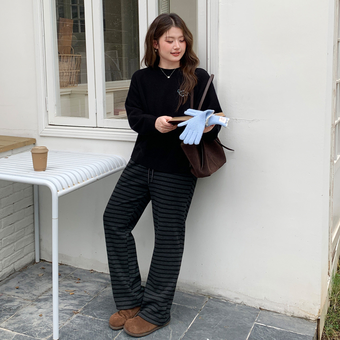 YUZI鱼子加绒加厚阔腿裤条纹抽绳超显瘦垂坠感深灰色大码女装秋冬,淘宝优惠券,粉丝福利购,淘宝优惠卷