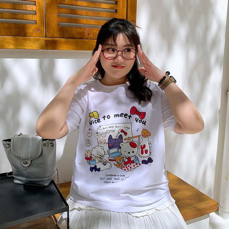 YUZI鱼子重磅纯棉印花T恤大码女装夏微胖mm显瘦遮肉200斤软糯亲肤