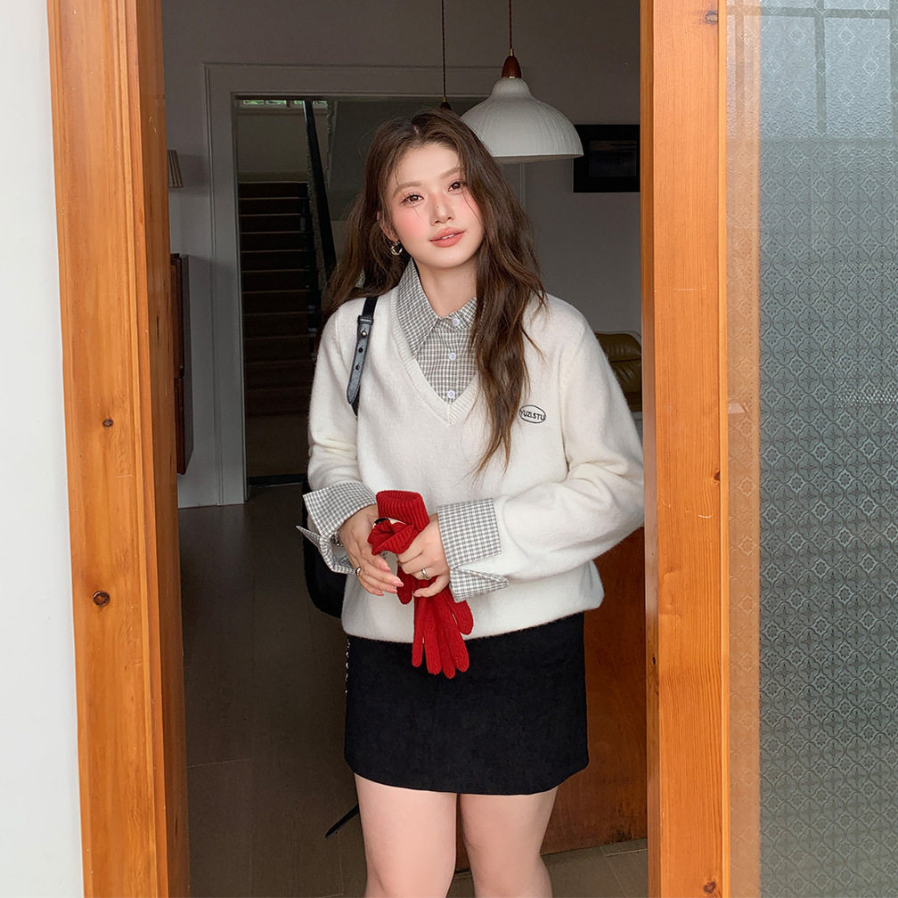 YUZI鱼子假两件针织衫上衣特大码女装正肩减龄宽松毛衣秋冬胖mm,淘宝优惠券,粉丝福利购,淘宝优惠卷