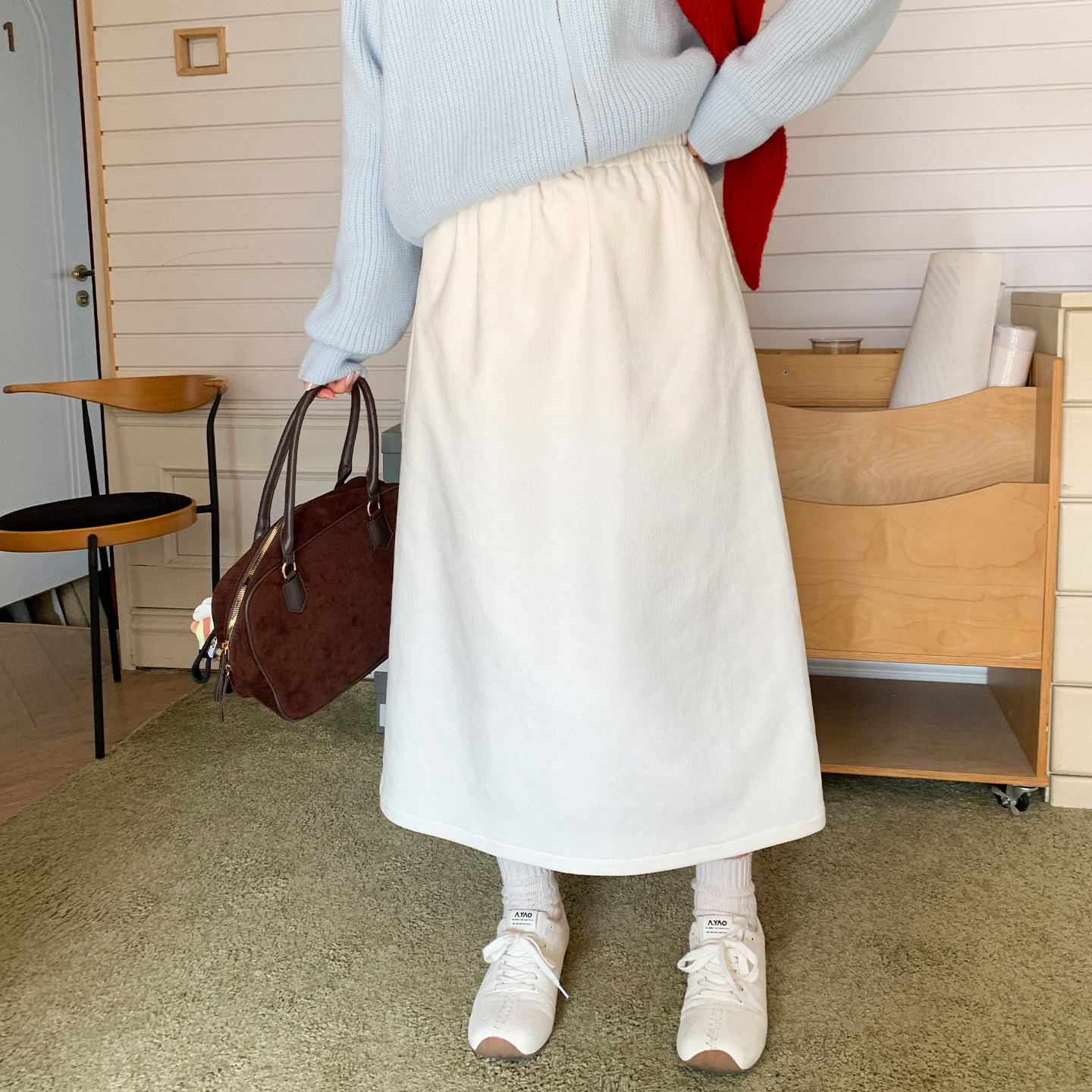 YUZI鱼子高腰A版针织白色半身裙女中长款简约百搭休闲裙显瘦大码,淘宝优惠券,粉丝福利购,淘宝优惠卷