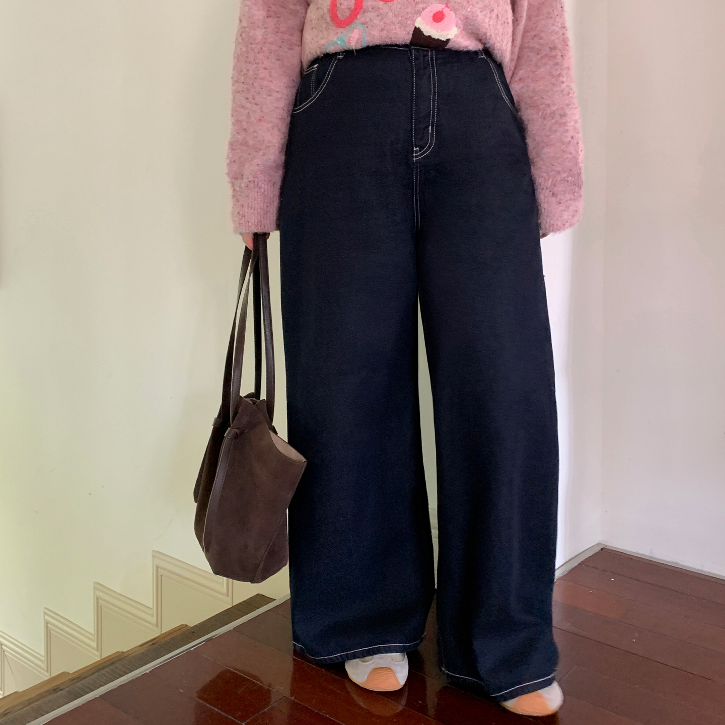 YUZI鱼子复古牛仔裤特大码女装胖mm高腰显瘦百搭阔腿裤子 - 图2