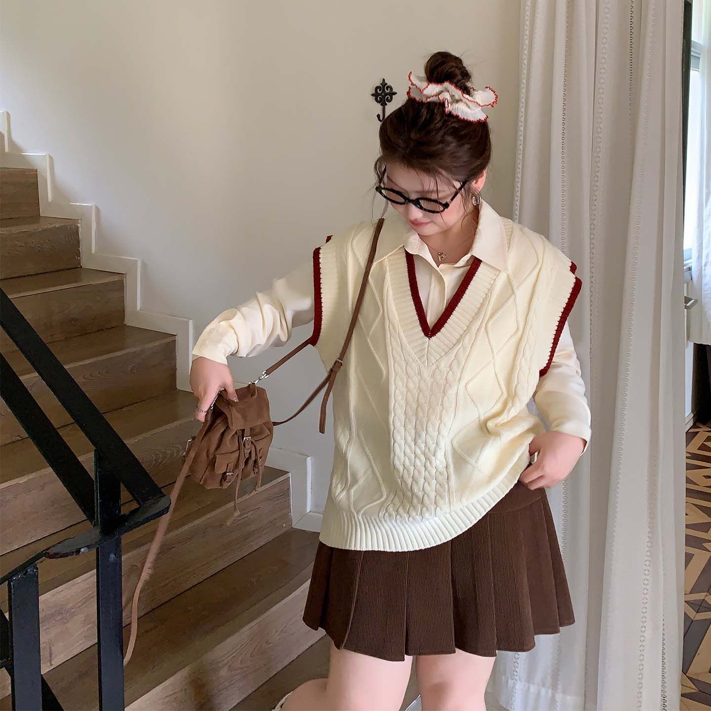 YUZI 鱼子撞色麻花毛衣马甲特大码女装胖mm学院风宽松显瘦百搭,淘宝优惠券,粉丝福利购,淘宝优惠卷