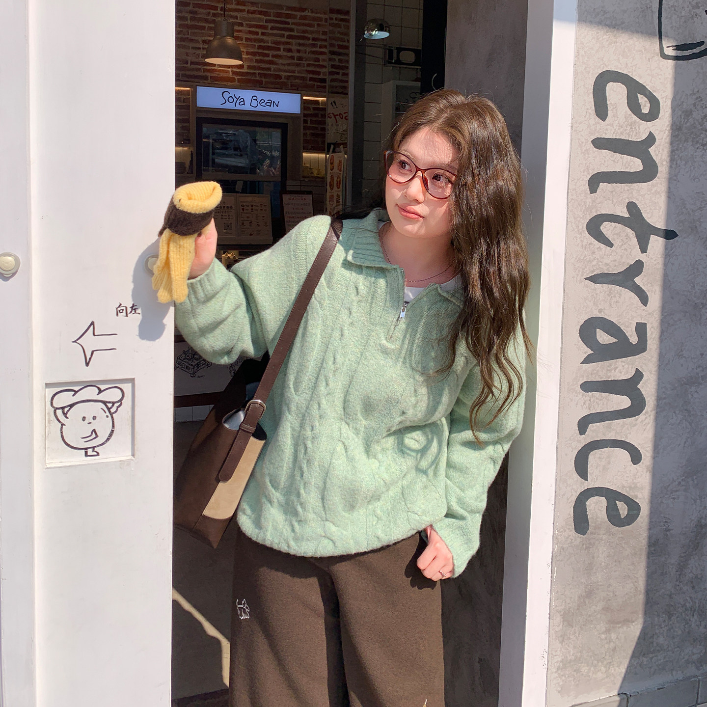 YUZI复古绞花毛衣Polo领浅绿色文艺清新宽松慵懒厚款秋冬大码女装,淘宝优惠券,粉丝福利购,淘宝优惠卷