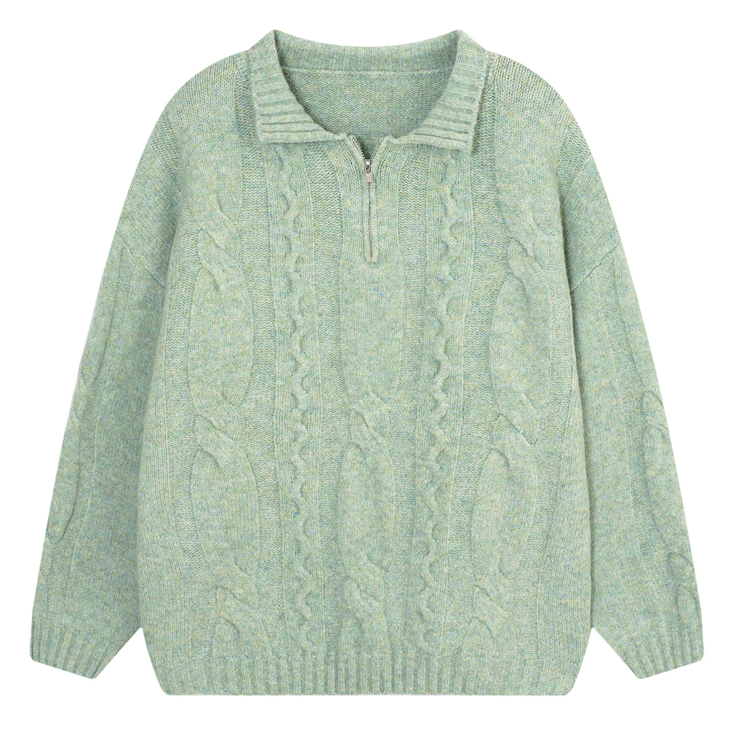 YUZI复古绞花毛衣Polo领浅绿色文艺清新宽松慵懒厚款秋冬大码女装,淘宝优惠券,粉丝福利购,淘宝优惠卷