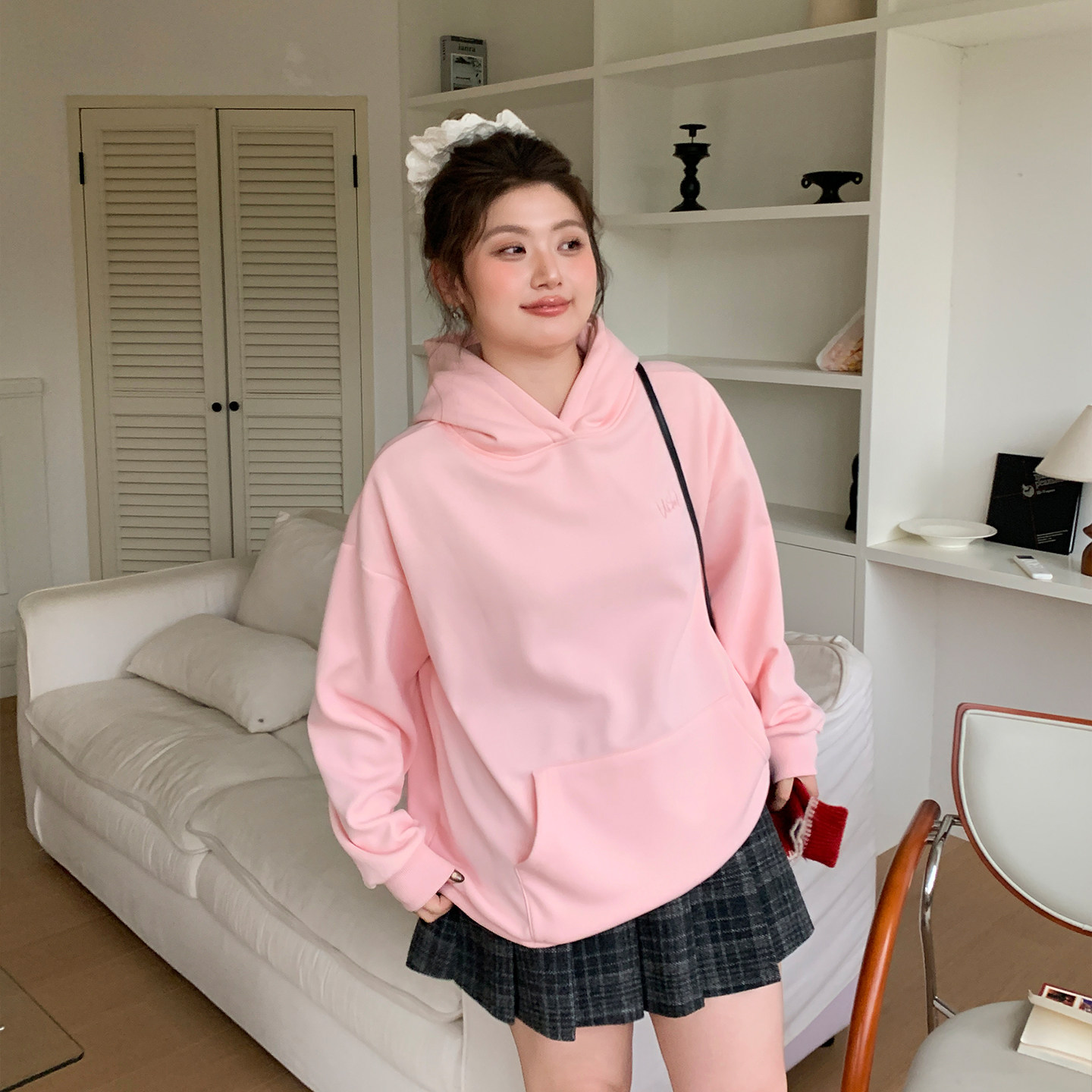 YUZI 鱼子连帽卫衣女大码休闲慵懒风宽松百搭套头纯色长袖上衣,淘宝优惠券,粉丝福利购,淘宝优惠卷