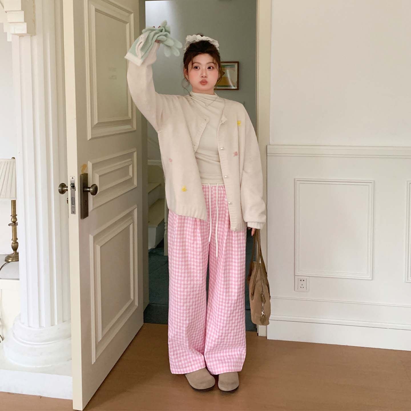 YUZI粉白格纹阔腿裤大码女装甜美少女感抽绳松紧腰百搭宽松垂坠感,淘宝优惠券,粉丝福利购,淘宝优惠卷