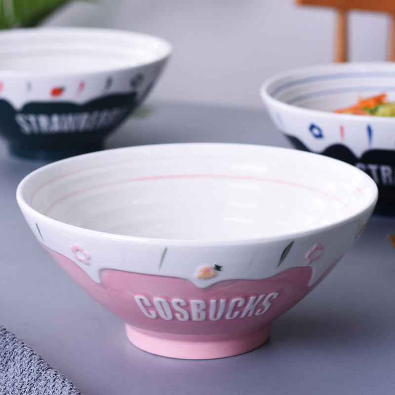 碗家用面碗餐具圆形大汤碗高脚斗腕日式手绘少女心可爱陶瓷碗简约