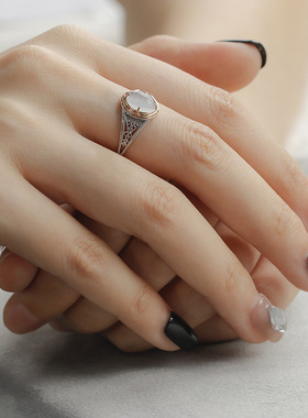 猫眼石戒指纯银银质雕花日系女