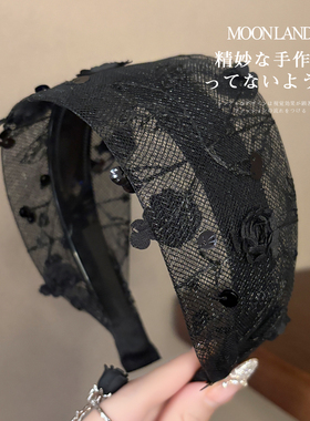夏季高级感简约黑纱玫瑰宽边发箍