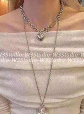 高品质土星桃心爱心镶钻项链粗链