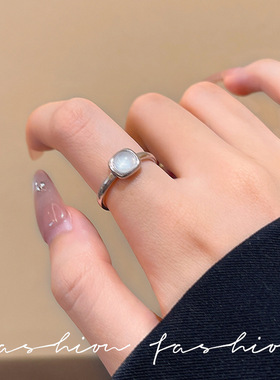 韩系白月光戒指女简约个性大气冰透猫眼几何方形指环开口食指戒子