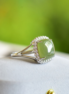 新款s925银镶嵌和田玉几何型个性开口戒指和田玉青海青戒指
