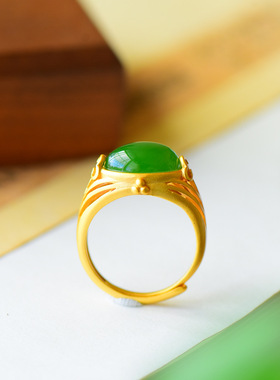 新中式古法金纯银碧玉戒指女