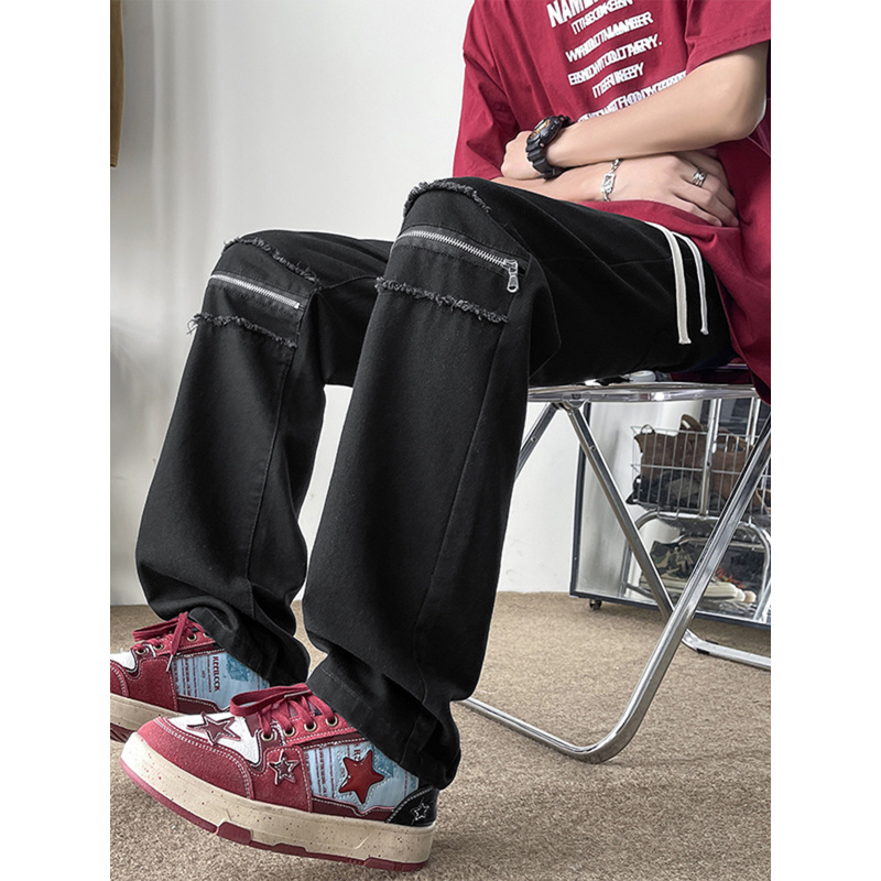 美式水洗破洞抽绳牛仔裤男款潮流ins高街膝盖拉链扎染直筒九分裤 - 图3