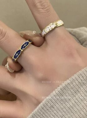 复古珐琅滴油花纹戒指女ins小众设计蓝色食指戒时尚个性百搭指环