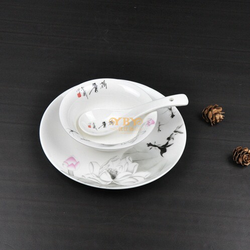 酒店餐厅摆台陶瓷餐具 碗碟茶杯茶壶组合套装 中式水墨画荷花莲花 - 图2