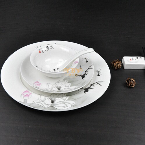 酒店餐厅摆台陶瓷餐具 碗碟茶杯茶壶组合套装 中式水墨画荷花莲花 - 图0