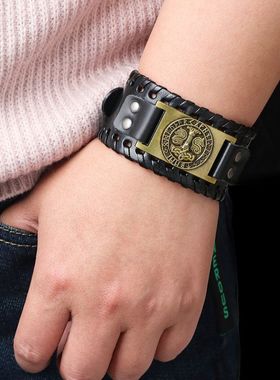 欧美时尚真皮金属弯片手镯北欧神话雷神之锤复古简约牛皮手链