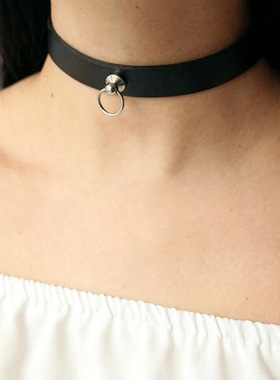 日韩原宿软妹简单O型圆环圆圈项圈项链 朋克哥特式PU皮颈带锁骨