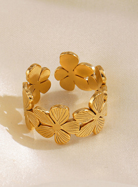 欧美流行时尚钛钢花朵开口戒指女法式复古镀18K金不锈钢小花指环