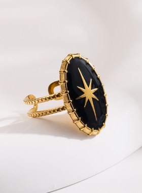 椭圆形开口14K金手指环钛钢复古