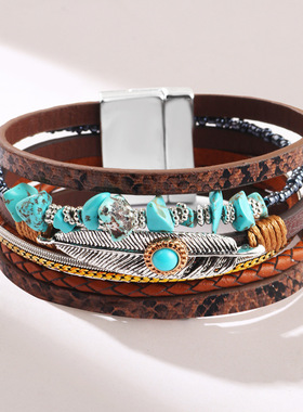 亚马逊爆款女士复古羽毛手链潮流个性蓝松石手环碎石多层皮革